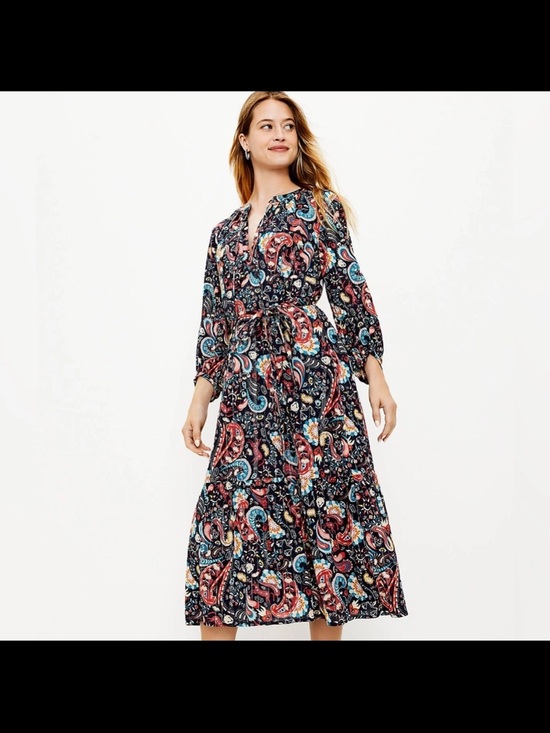 LOFT Dresses & Skirts - LOFT Blue Shimmer  Paisley Midi Dress with Multicolor Print